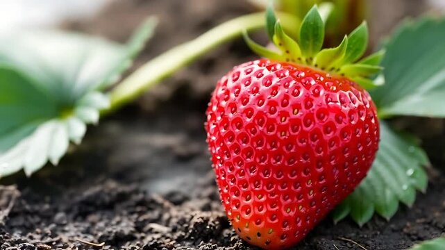 fresh strawberry on soil closeup macro shot