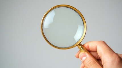 Hand holding a magnifying glass against a plain background