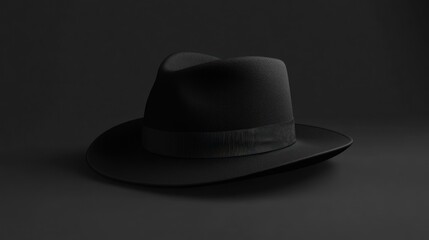 A black hat is placed on a dark surface, viewed from a slightly elevated angle, with a subtle shadow cast to the side.