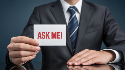 Obraz premium Businessman holding card with 'ASK ME!' message in professional setting