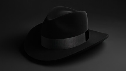 A black fedora hat rests on a dark surface, adorned with a ribbon, in a moody, low-key environment, captured from a slightly elevated viewpoint.