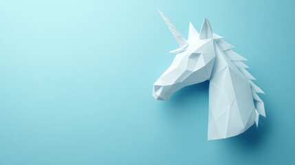 An origami unicorn head is displayed against a blue background