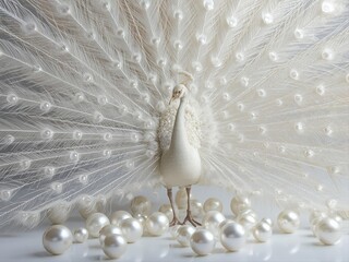 Majestic white Cloud Dancer peacock displaying elegant plumage surrounded by lustrous pearls. Luxurious 2026 concept blending natural beauty and sophistication. Perfect for luxury branding and decor.