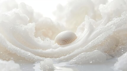 Delicate Cloud Dancer seashell nestled in soft cream flower petals with dew drops for 2026 aesthetic. Pure luxury spa concept blending natural beauty and tranquility. Perfect for wellness and beauty b