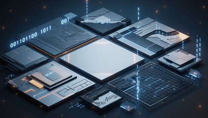 Glowing microchip components with binary code in dark background