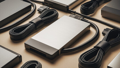 Multiple portable external hard drives with cables on desk