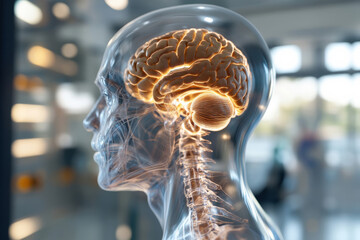 A captivating 3D visualization of a human brain and spine, showcasing intricate neural connections and the elegance of human anatomy in a modern scientific context.