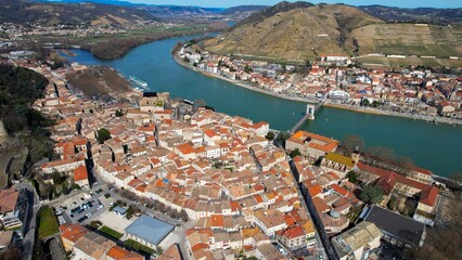 Aerial view around the old town of the city Tournon-sur-Rhonein France on a sunny day in early spring.