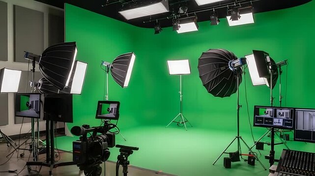 green screen studio with professional lighting and cameras for video production