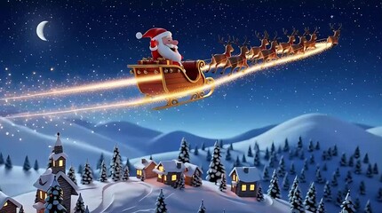 Santa Claus flying through night sky with reindeer on sleigh - Powered by Adobe
