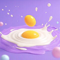 Egg yolks splash into milky pool on a shiny lavender surface