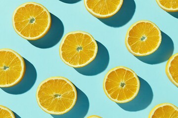 Orange slices arranged in a pattern on light blue background, top-down view
