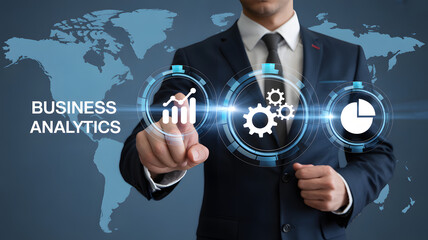 Businessman interacting with business analytics interface