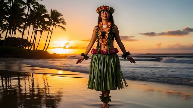 hula dancer at sunset on tropical beach with lei and grass skirt