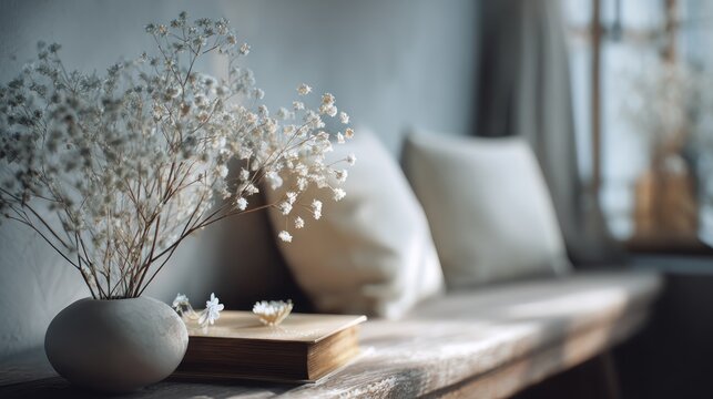 Serene Arrangement: Gypsophila, Vintage Book, and Cushions in Tranquil Home Setting