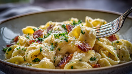 fork with creamy carbonara pasta