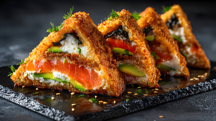 Close-up editorial realistic photo of Japanese-style fried sushi sandwich, crispy golden breaded exterior, sliced into triangle pieces showing thin layers of salmon, sushi rice, avocado, cream cheese,