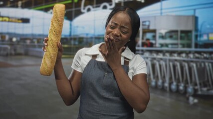 Woman baker in apron holds a long baguette with one hand and presses her cheek with fingers for toothache in an airport terminal by luggage trolleys and signage, appearing pained; discomfort.