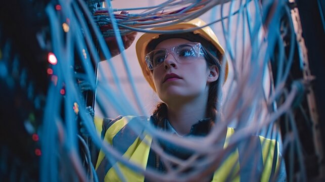 Female it engineer wearing a hard hat and safety glasses, meticulously analyzing tangled network cables and connections in a server room, ensuring optimal data flow and system functionality - Powered by Adobe
