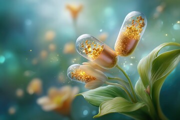 Nature's remedy: translucent capsules filled with golden spheres emerge from blooming plant pods