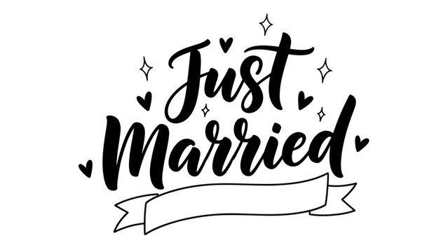 Elegant script lettering with hearts and stars for a joyous wedding announcement and celebration