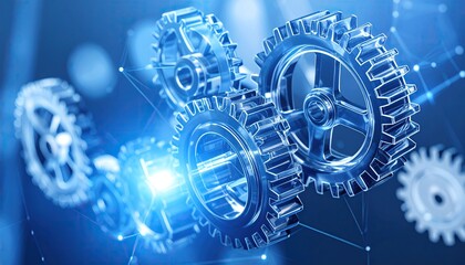Blue digital gears interconnected with glowing network lines, symbolizing technology, engineering, and innovation.