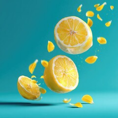 Floating lemons, halved, with petals, in a vibrant, teal studio setting