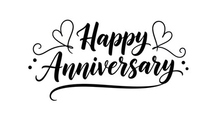 Elegant Calligraphic 'Happy Anniversary' Message with Decorative Hearts and Swirls on White