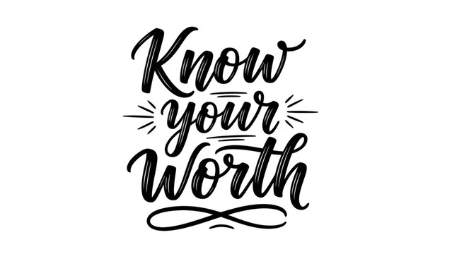 Elegant calligraphic phrase Know your Worth on white background inspiring self-esteem
