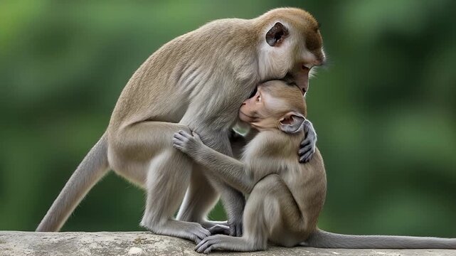 monkeys nurture bond between adult and baby macaque on branch in lush forest