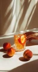 Peachy drink in glass, sunny, breezy shadows and a hand reaching for it