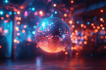 Obraz premium Vibrant Disco Ball Spinning Under Colorful Nightclub Lights