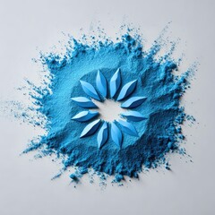 Blue petal geometric shape in powder, surrounded by dust on a white background