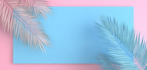 Pale pink/blue tropical leaves frame a blue rectangle on a pink background