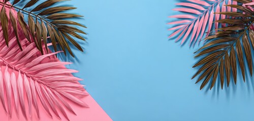Tropical backdrop pink, brown palms on a blue, pink split background