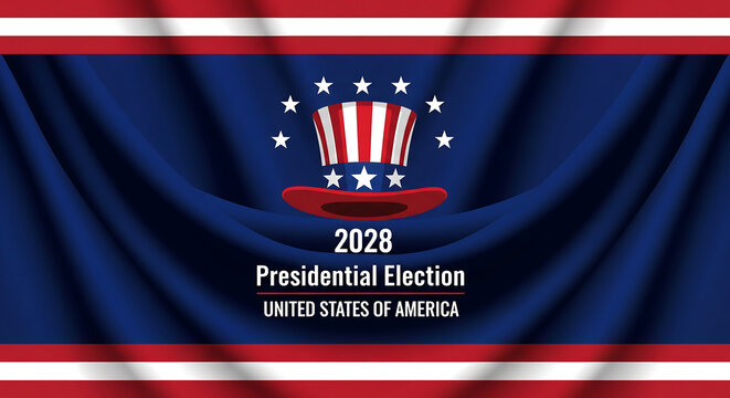2028 Presidential Election United States of America Graphic with Uncle Sam Hat and Stars on Blue Fabric Background