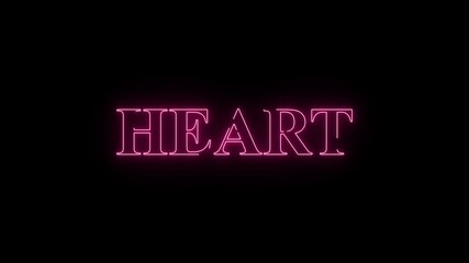 neon glowing heart text icon animation on black background representing love romance and glowing typography