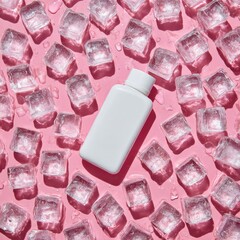 White bottle surrounded by ice cubes on bright pink surface, clean look