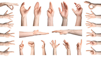 Male hands isolated on white. Collection of gestures