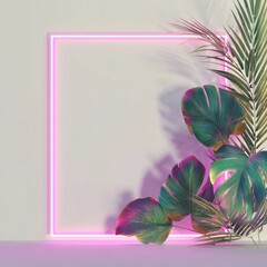 Neon frame with tropical plants, soft lighting, casting shadows on background