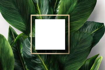 Lush green leaves with a gold square frame and white center, top-down view