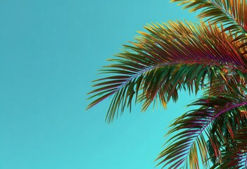 Palm fronds silhouetted against a bright blue sky with colorful, surreal lighting