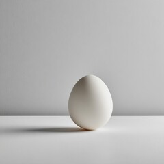 Single white egg, minimalist composition on a white surface against gray backdrop