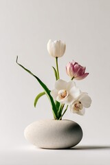 Floral arrangement white orchid, tulip, and pink flower in textured vase