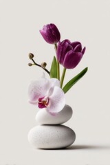 Floral arrangement purple tulips and orchid on stacked white stones