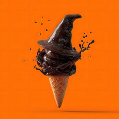 Chocolate ice cream cone shaped witch hat splash, on orange background