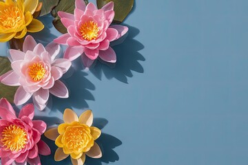Water lilies, pink and yellow blossoms, cast shadows, on a blue background