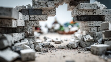 Abstract composition: A breached wall unveils a blurred urban backdrop