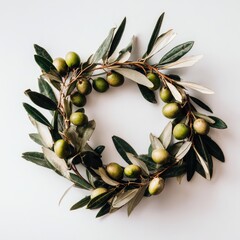 Olive branch wreath with green olives, studio shot on a neutral background