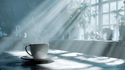 Early morning serene moment with a steaming cup of coffee and sunbeams